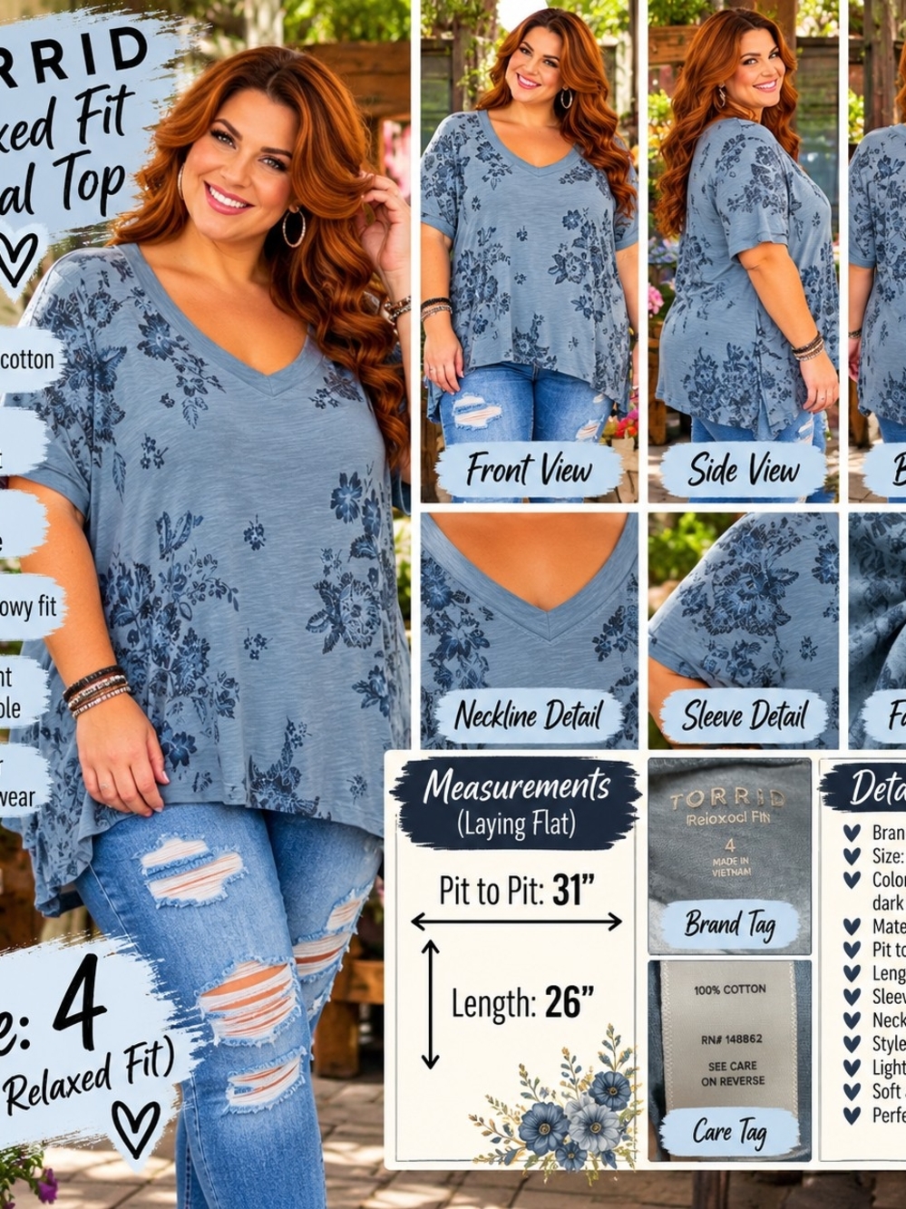 P167 🌸 sz 4 Blue Meadow Beauty – Torrid Floral V-Neck Top 🌸